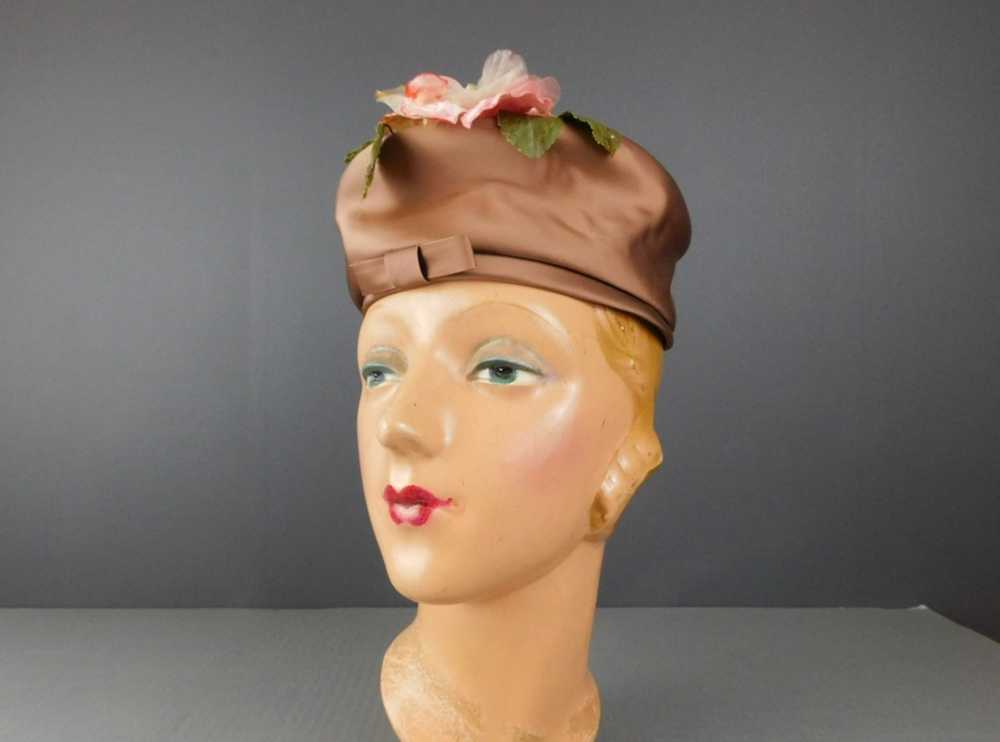 Vintage Floral Satin Hat, 1960s Light Brown with … - image 2