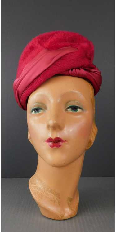 Vintage Dark Pink Plush Hat with Satin Trim, 1960s