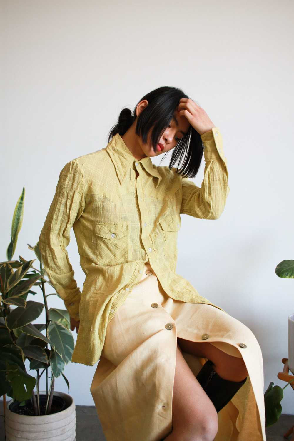 1970s Chartreuse Indian Cotton Madras Shirt - image 2