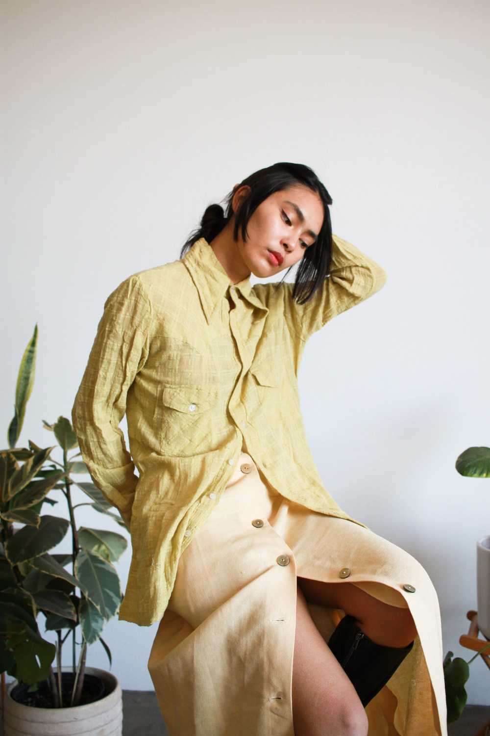 1970s Chartreuse Indian Cotton Madras Shirt - image 3