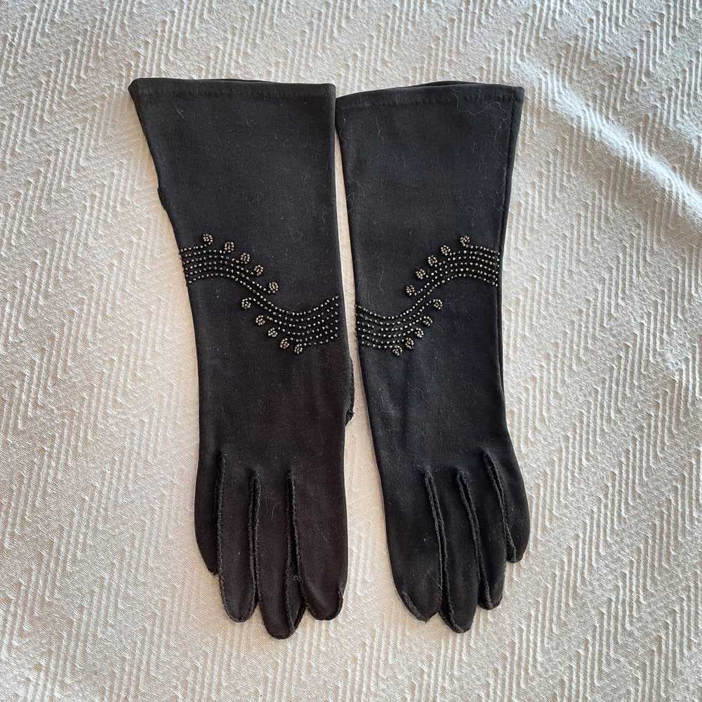 1940s Vintage Beaded Cotton Gloves, Brown Fancy G… - image 1