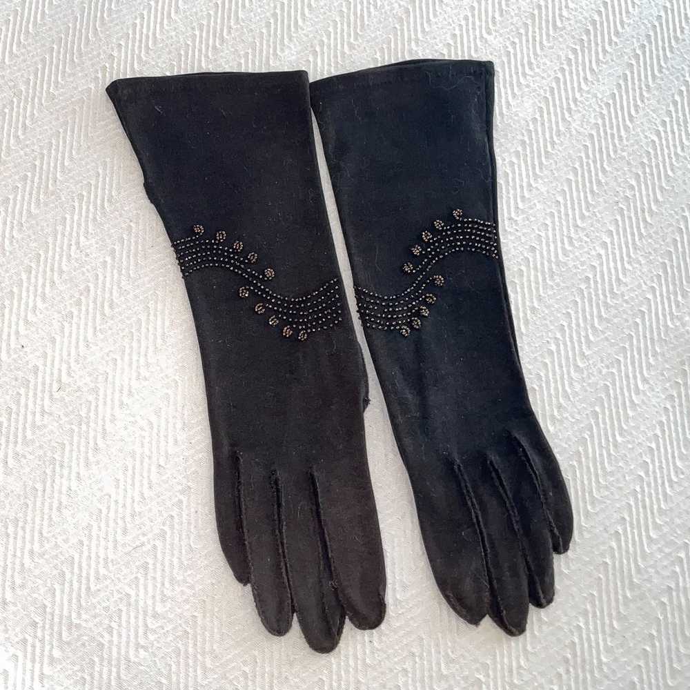1940s Vintage Beaded Cotton Gloves, Brown Fancy G… - image 3
