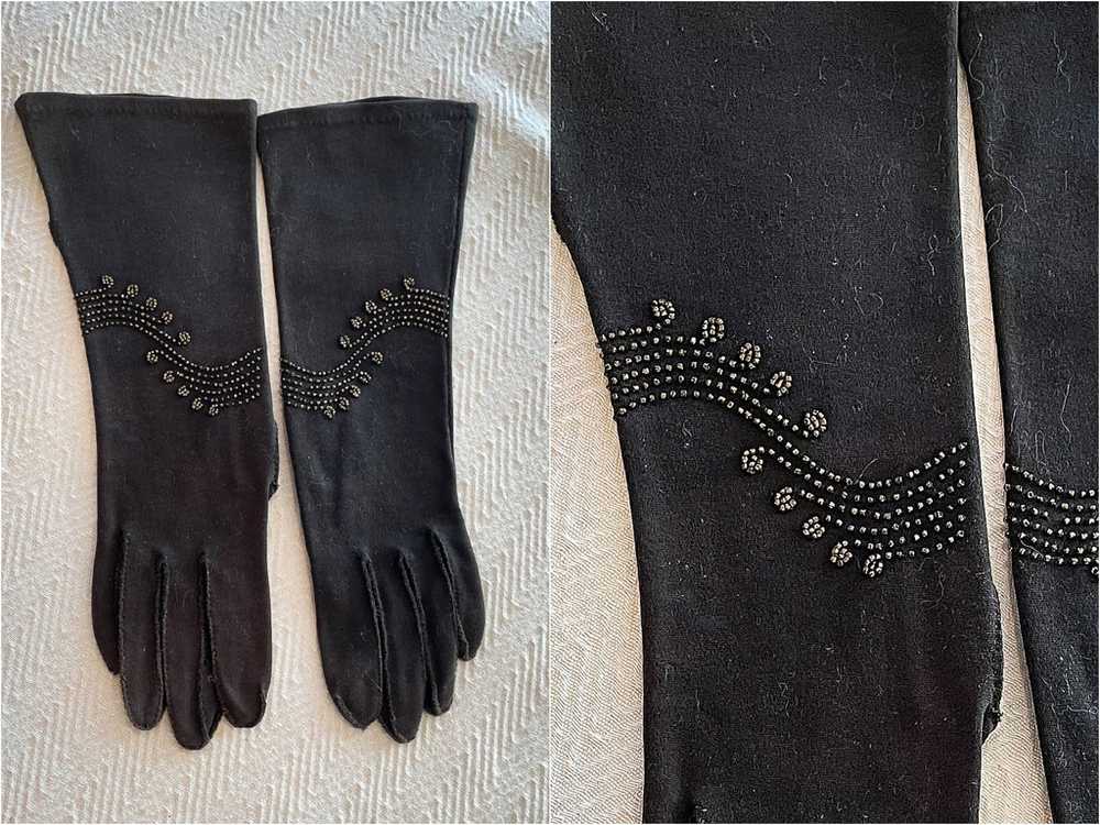 1940s Vintage Beaded Cotton Gloves, Brown Fancy G… - image 4