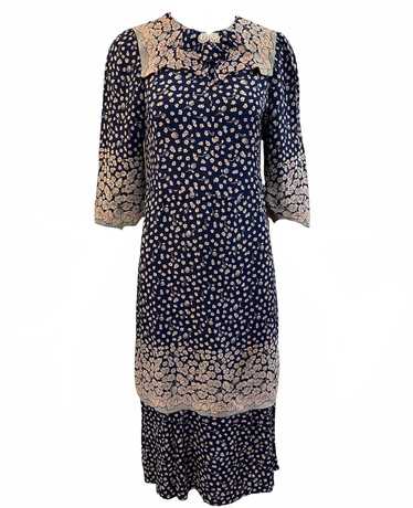 30s Blue Ditzy Floral Crepe Day Dress