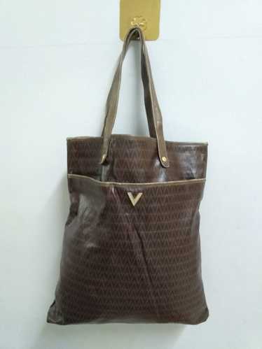 Valentino Vintage Large Brown Coated Canvas V Bag Purse Logo Pouch Mario  Print