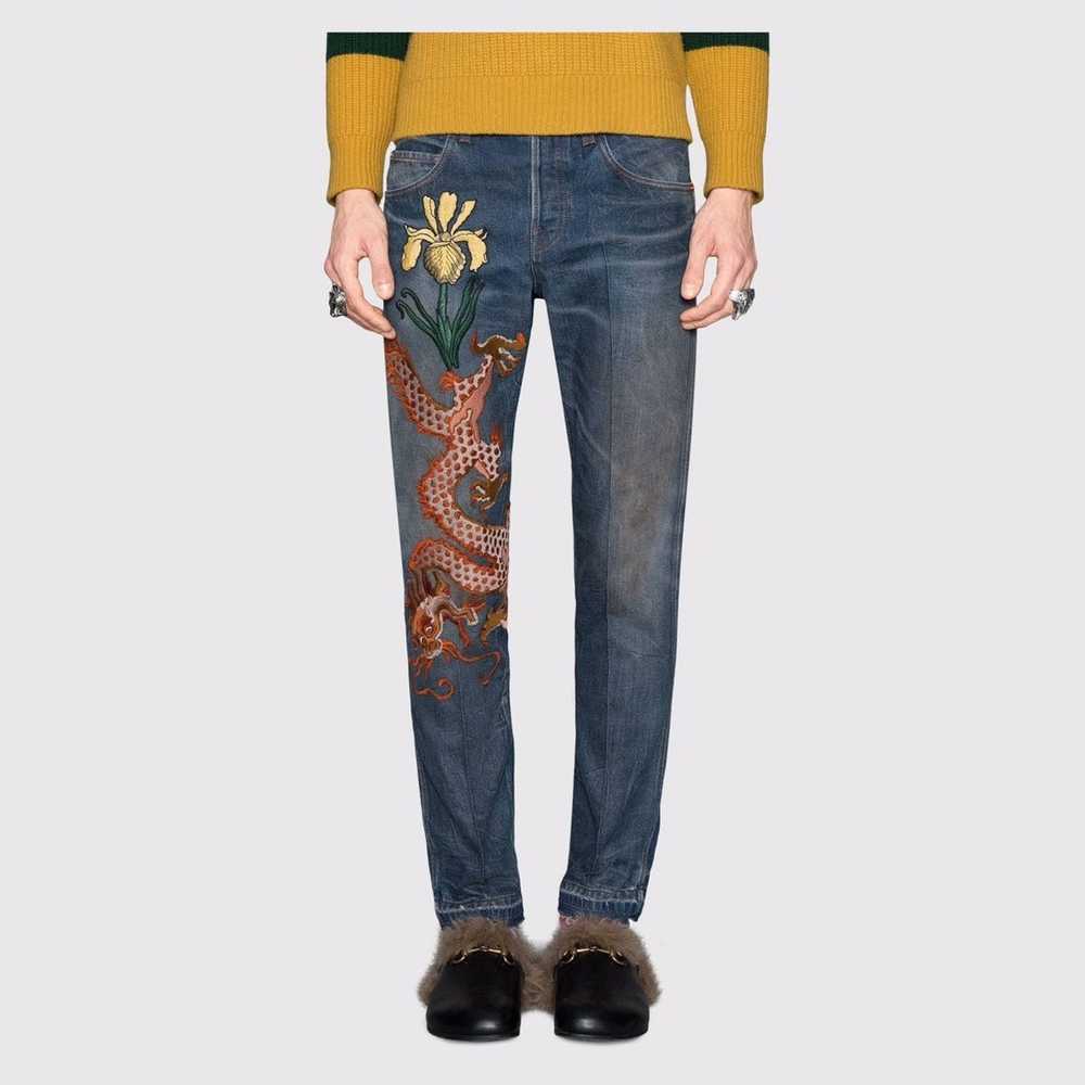 Gucci Gucci Embroidered Dragon Denim Jeans - image 1