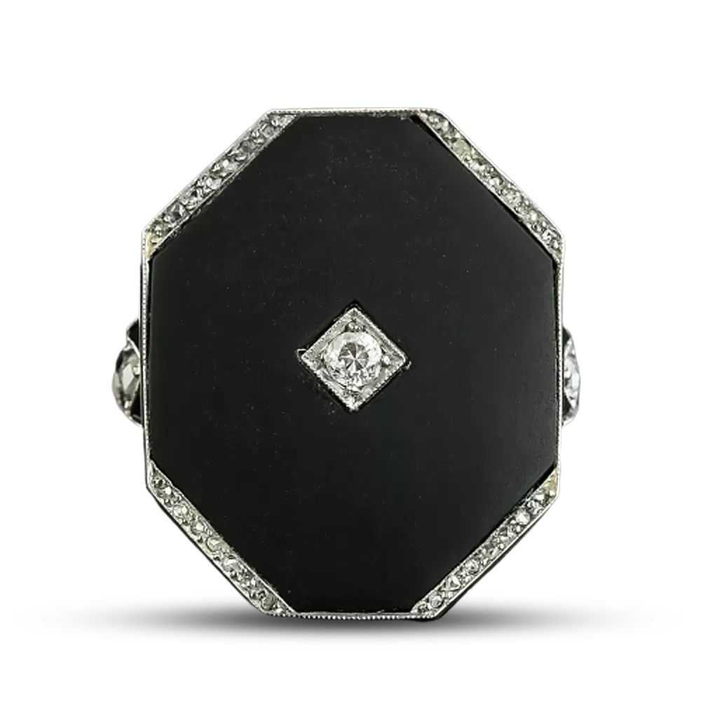 Large Art Deco Octagonal Onyx and Diamond Ring - image 4