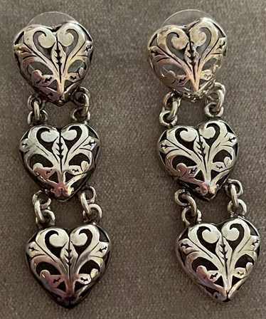 Three Hearts Shadowbox Scroll Openwork Drop Earri… - image 1