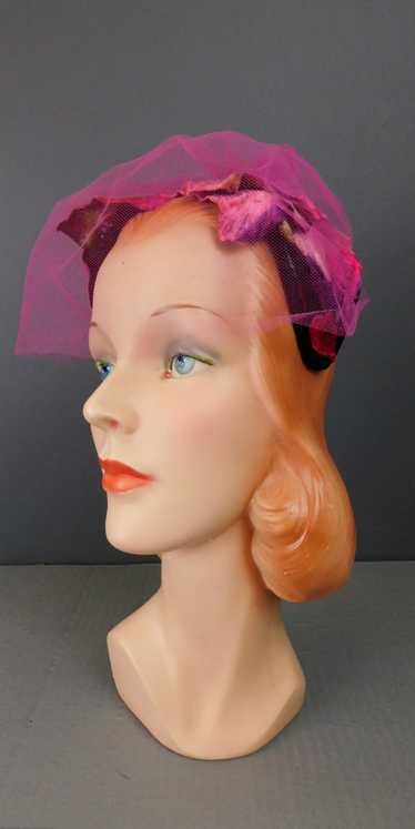 Vintage Dark Pink Velvet Flowers Hat with Netting,