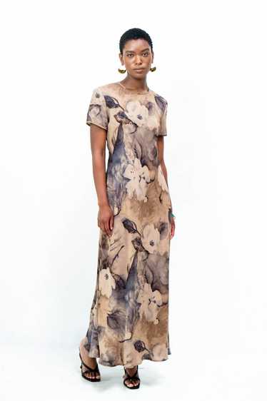 Women's Neutral Colored Abstract Floral Maxi Dress - image 1