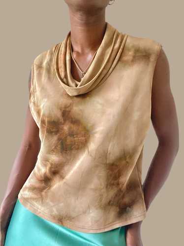 Neutral Mesh Abstract Cowl Neck Sleeveless Blouse