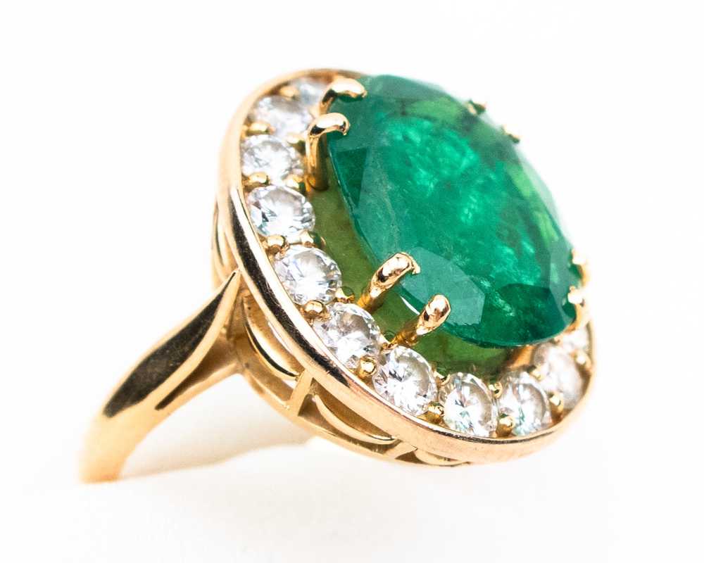 French 1970s Emerald and Diamond Halo Ring - image 2