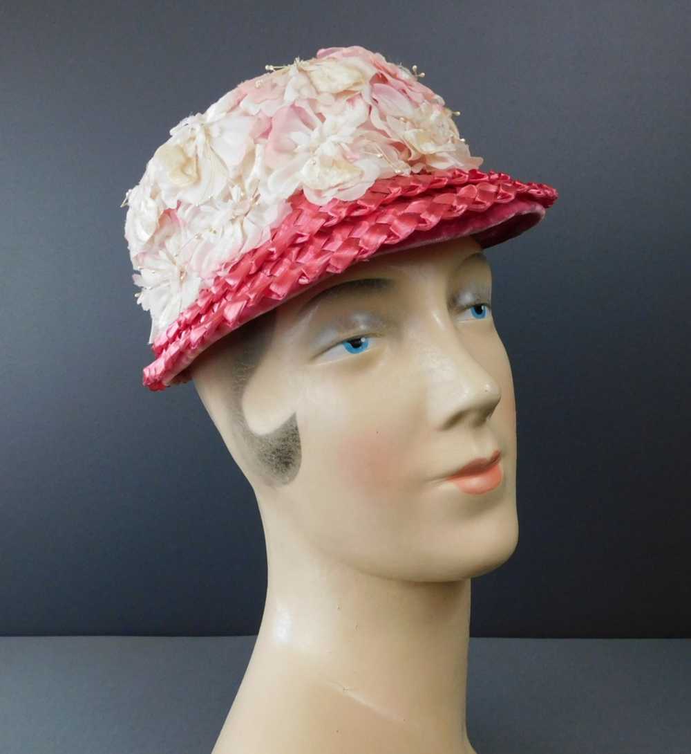 Vintage Pink Flowers and Straw Hat, 1960s, 21 inc… - image 2