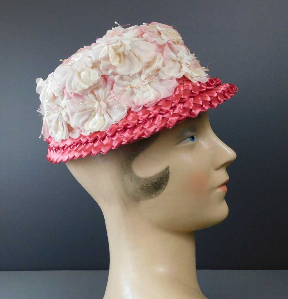 Vintage Pink Flowers and Straw Hat, 1960s, 21 inc… - image 5