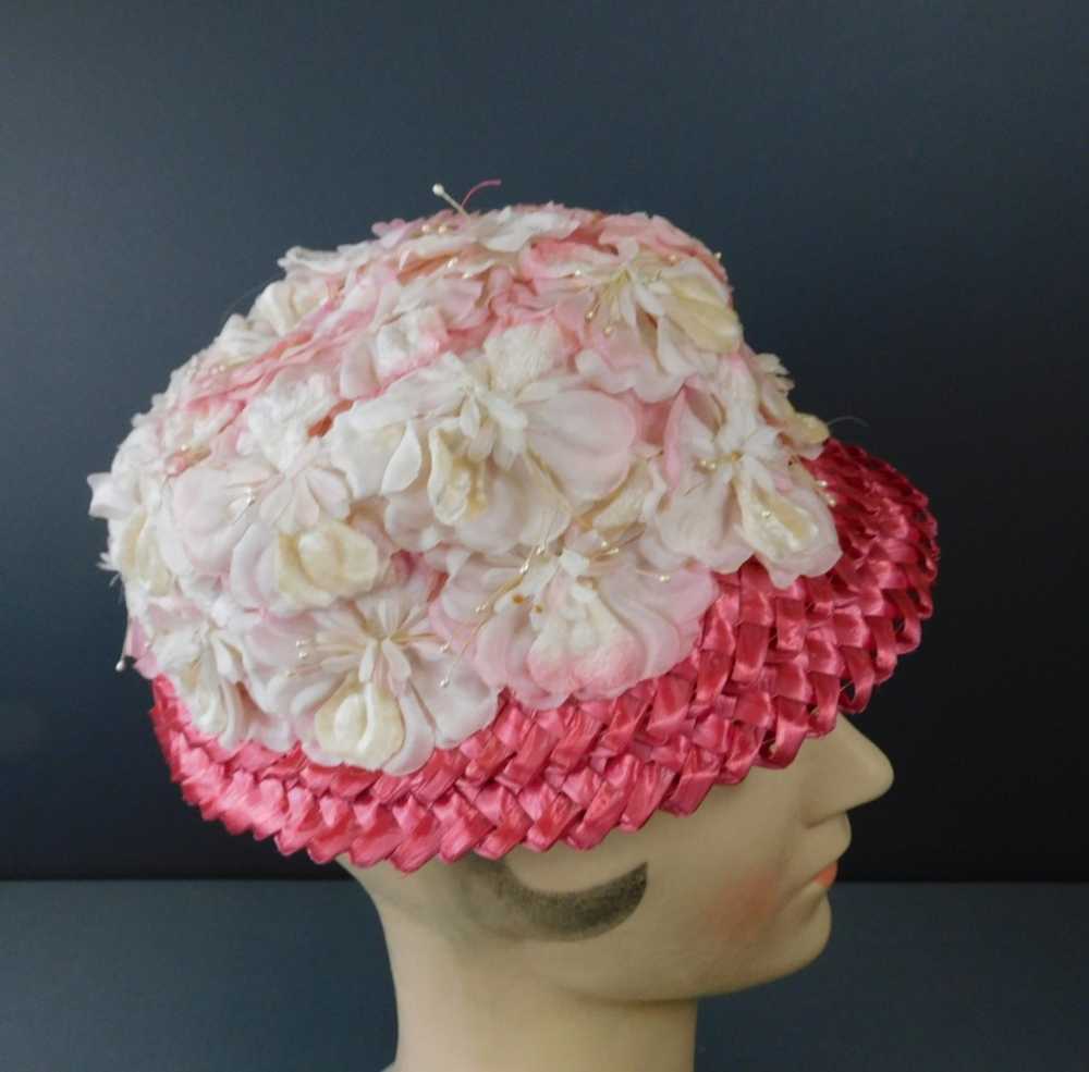 Vintage Pink Flowers and Straw Hat, 1960s, 21 inc… - image 6