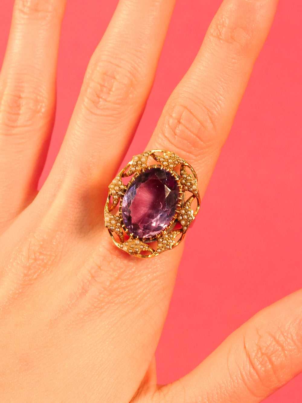 14K Vintage Amethyst and Pearl Accented Cocktail … - image 1