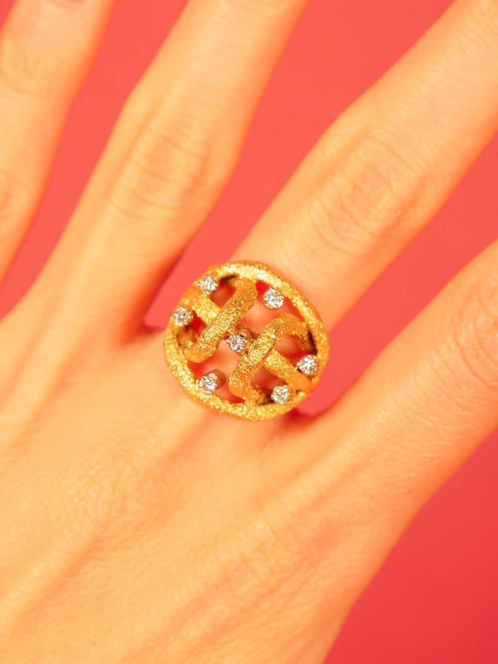 18K Mid Century Textured Diamond Set Ring - image 1