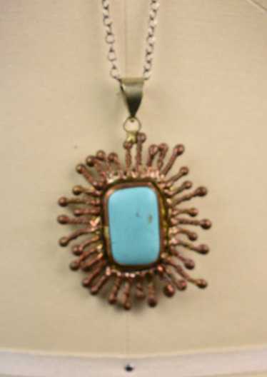 Copper Sunburst Pendant with Large Turquoise Cente