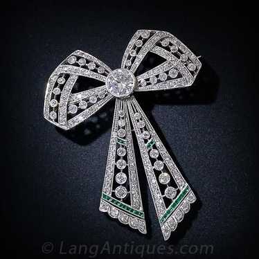 Edwardian Diamond and Emerald Bow Brooch - image 1