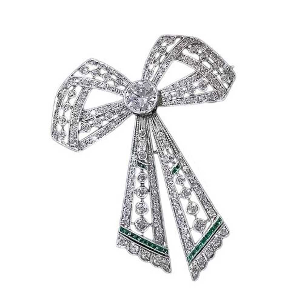 Edwardian Diamond and Emerald Bow Brooch - image 3