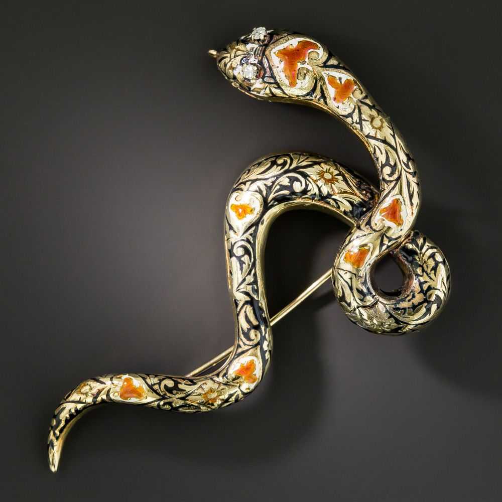 Diamond and Enamel Snake Brooch - image 1