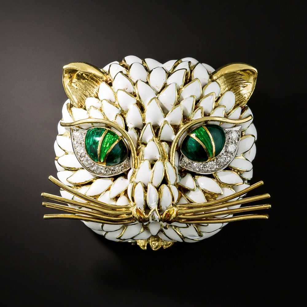 Vintage Enamel and Diamond Cat Brooch - image 1