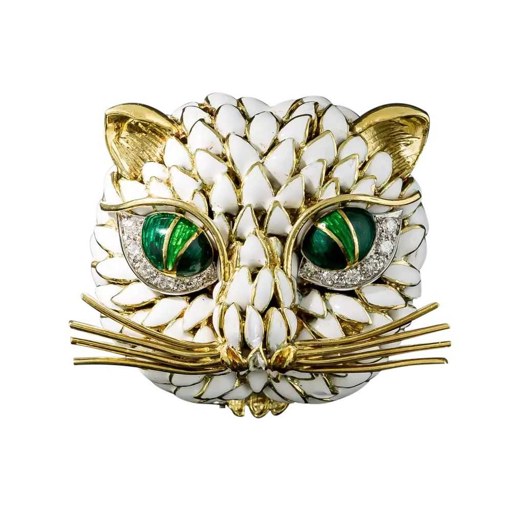 Vintage Enamel and Diamond Cat Brooch - image 4