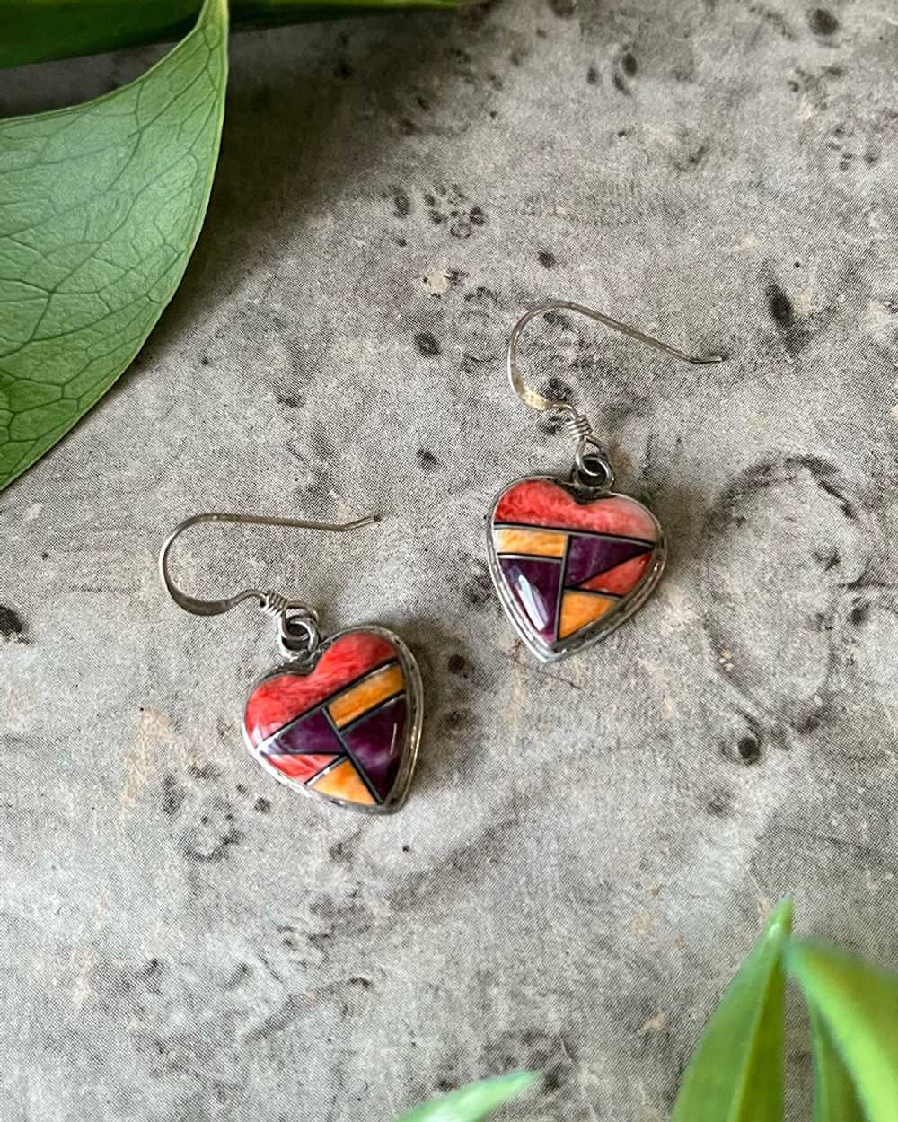 Zuni Sterling Inlay Heart Earrings - image 1