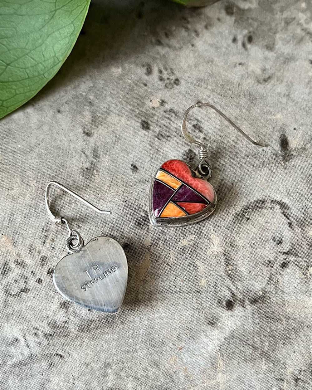 Zuni Sterling Inlay Heart Earrings - image 3