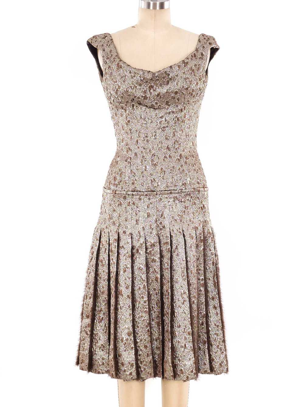Fur Trimmed Metallic Brocade Dress - image 1