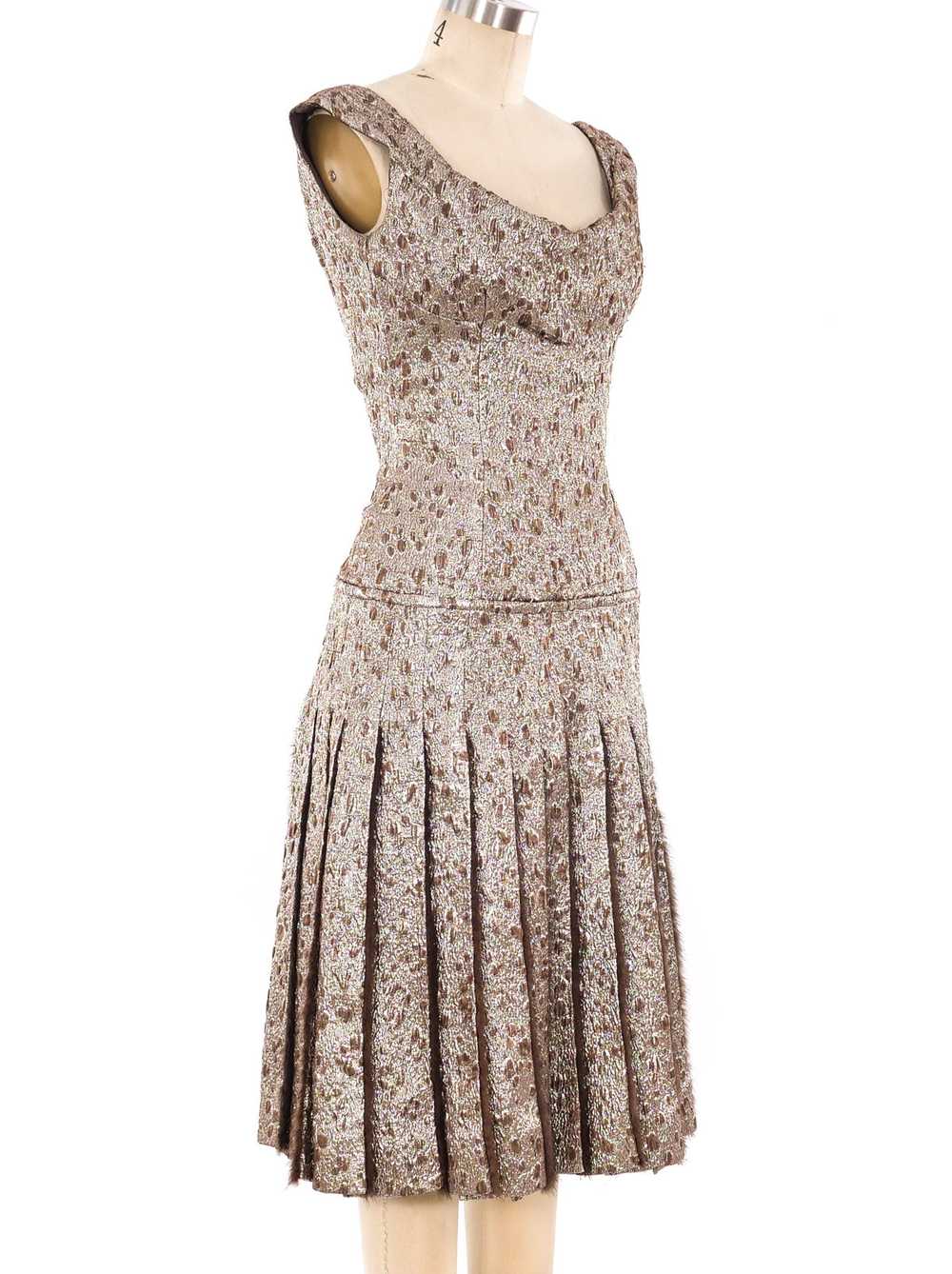 Fur Trimmed Metallic Brocade Dress - image 3