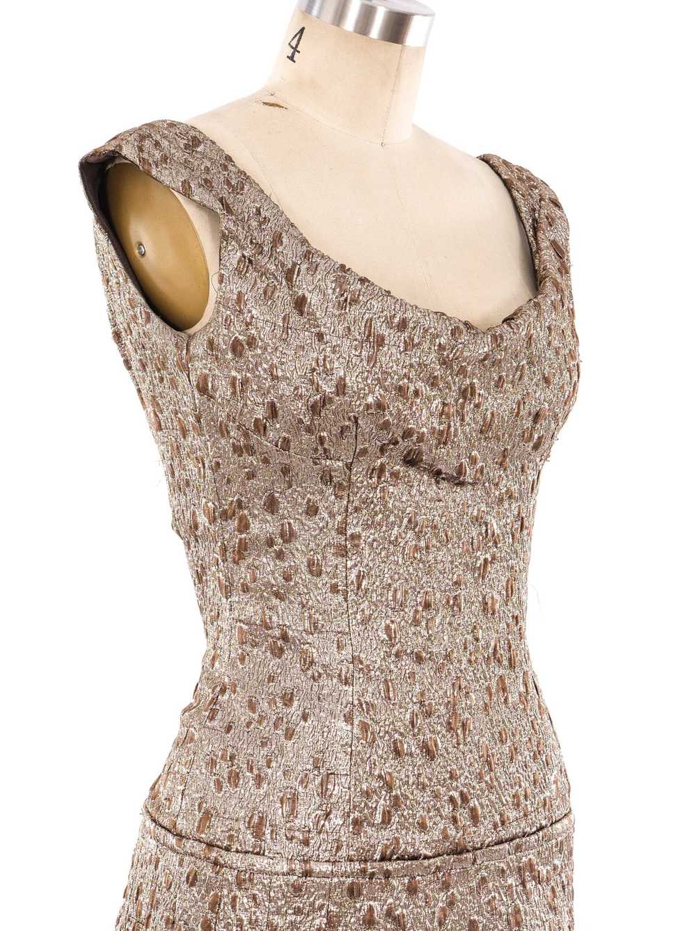 Fur Trimmed Metallic Brocade Dress - image 4