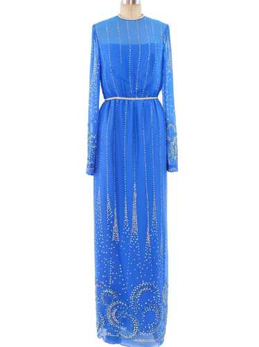 Glitter Embellished Blue Chiffon Maxi Dress - image 1