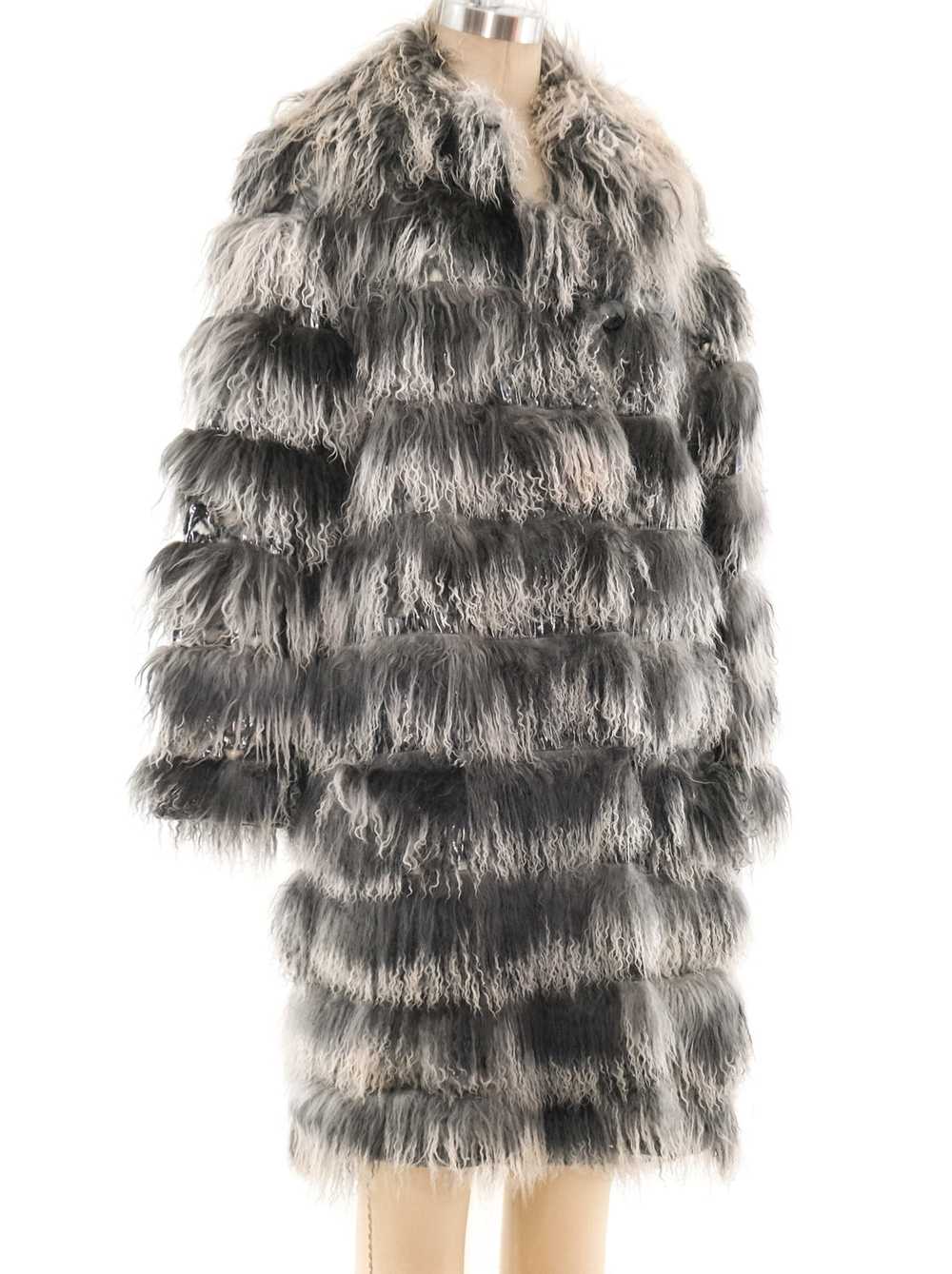 Grey Mongolian Lamb Fur and Vinyl Striped Coat - image 2