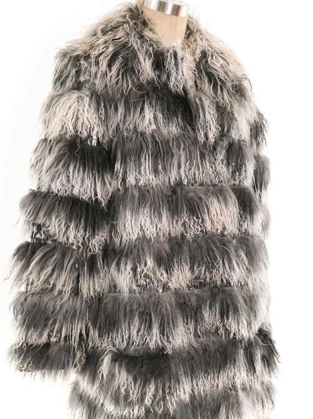 Grey Mongolian Lamb Fur and Vinyl Striped Coat - image 4