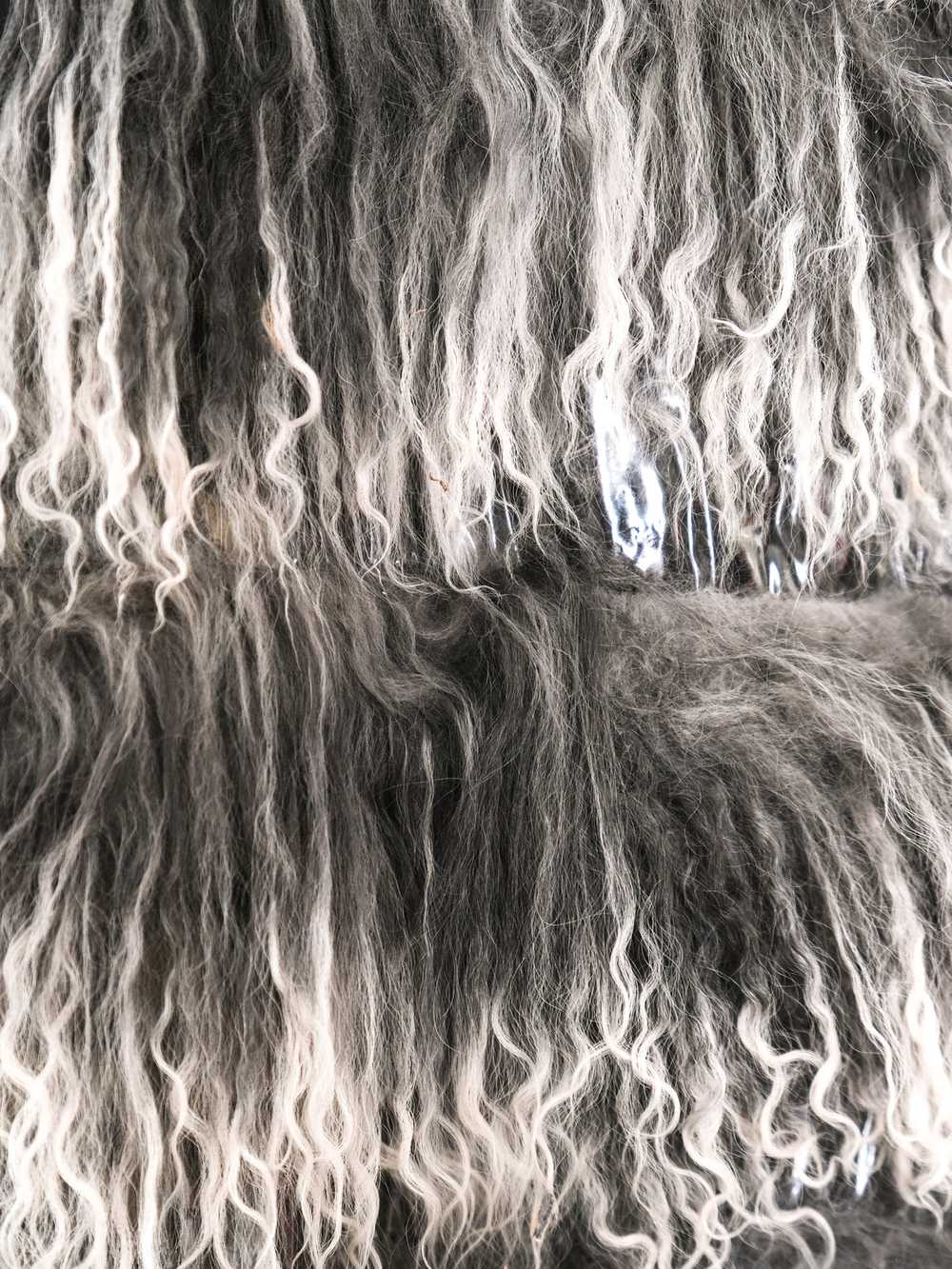 Grey Mongolian Lamb Fur and Vinyl Striped Coat - image 5