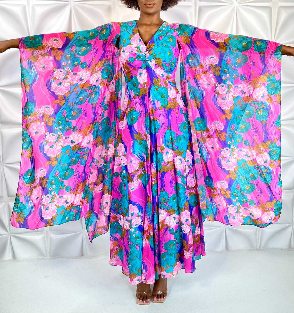 Vintage 70's DRESS Gown Kimono Sleeves M - image 1