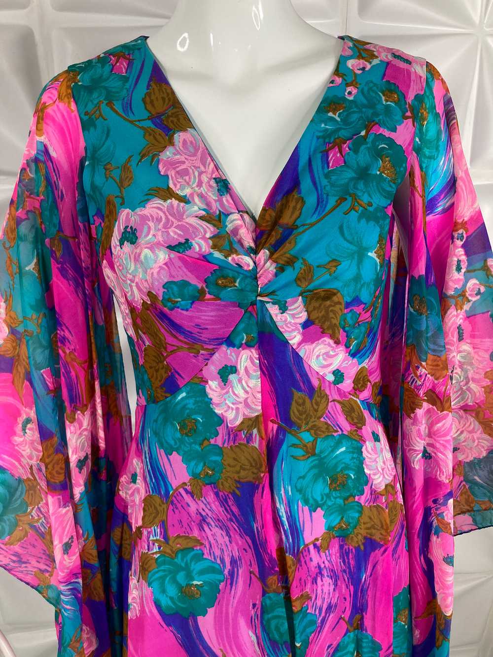Vintage 70's DRESS Gown Kimono Sleeves M - image 2