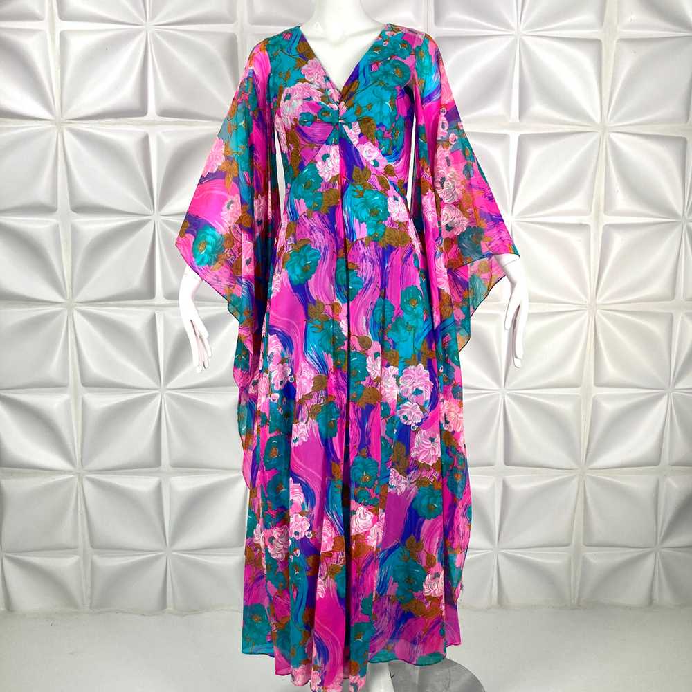 Vintage 70's DRESS Gown Kimono Sleeves M - image 3