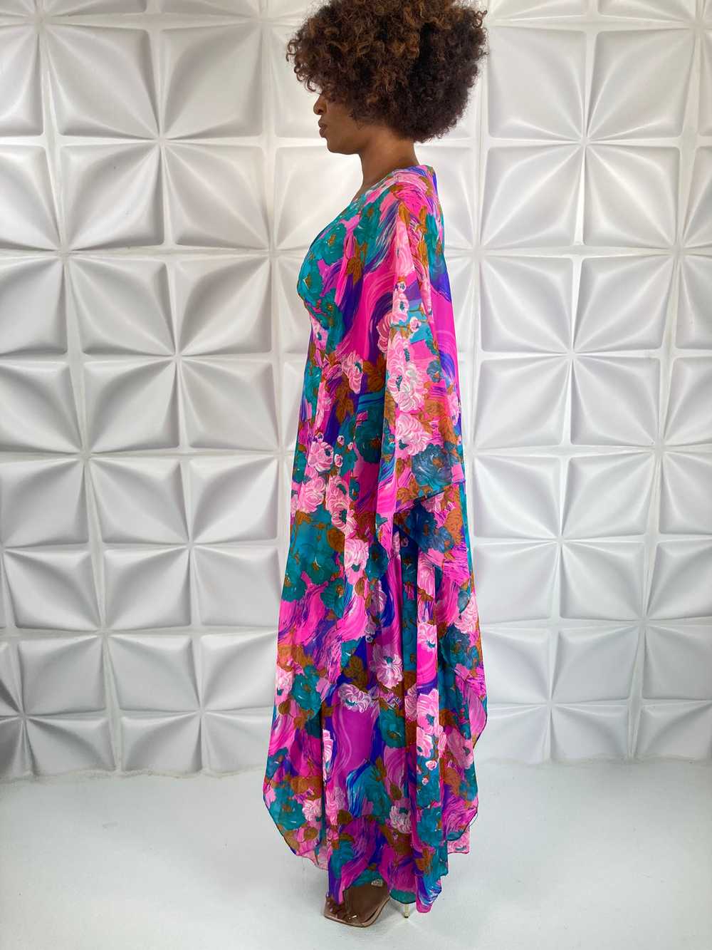 Vintage 70's DRESS Gown Kimono Sleeves M - image 6