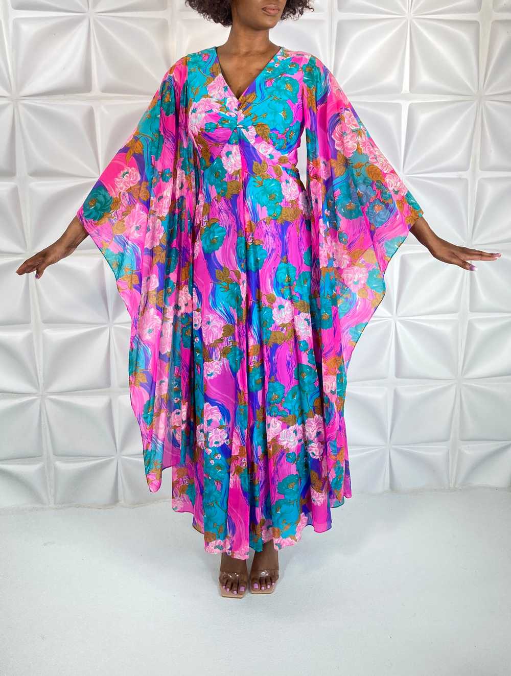 Vintage 70's DRESS Gown Kimono Sleeves M - image 7