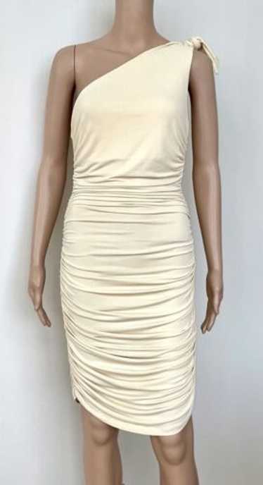 ONE SHOULDER RUCHED CREAM ELEGANT DRESS, S