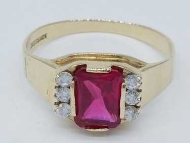 10K Yellow Gold Lab Created Ruby and Cubic Zircon… - image 1