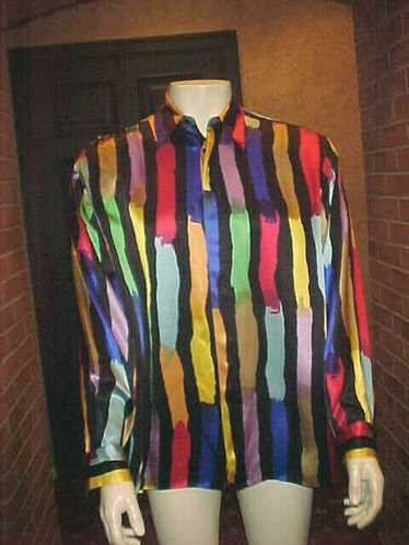 VINTAGE MEN'S GENELLI SILK SHIRT LONG SLEEVE BLACK &… - Gem