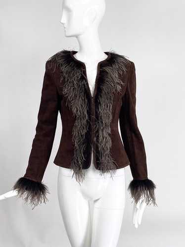 Escada Feather Trimmed Chocolate Brown Suede Jacke