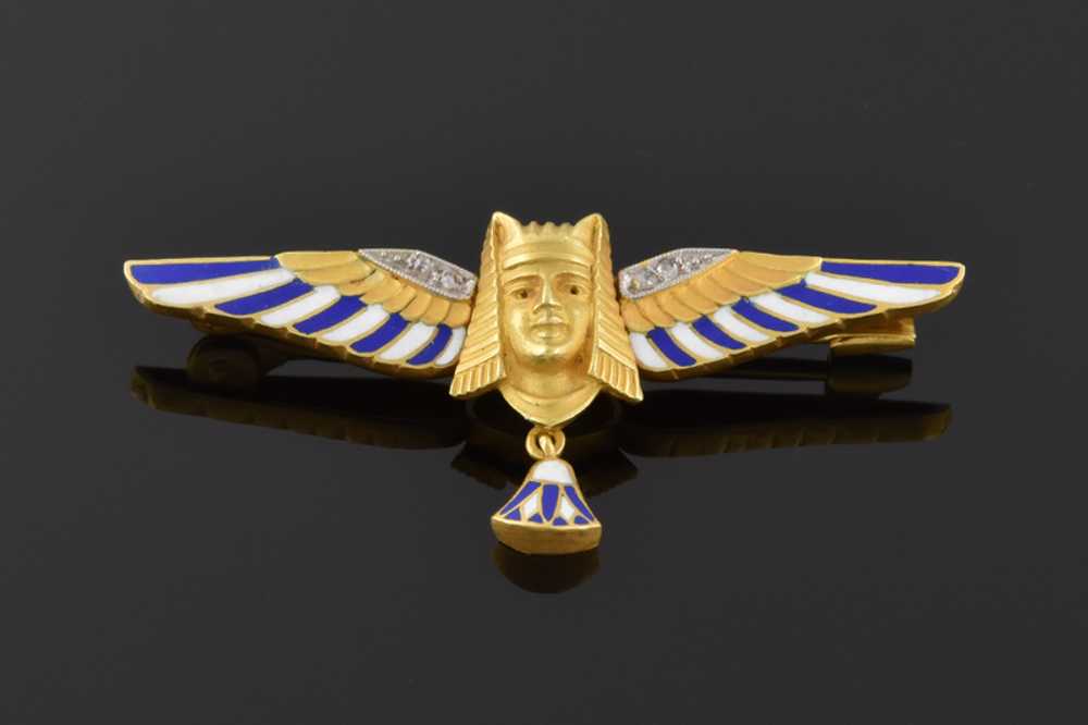 Enamel & Diamond Egyptian Revival Brooch - image 1