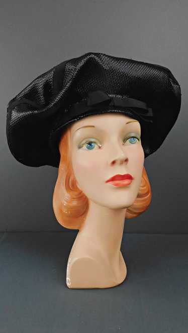Vintage Black Straw Pancake Hat 1950s, 14 inches w