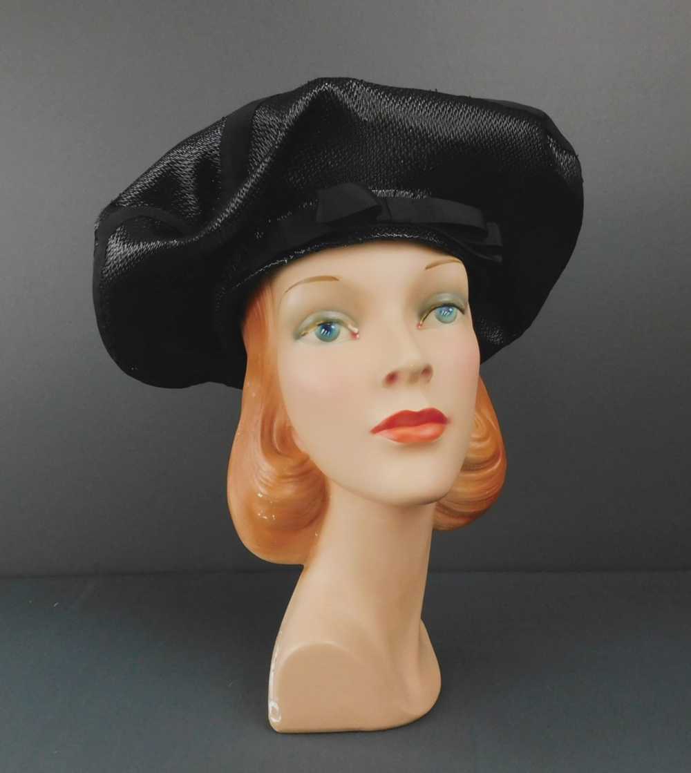 Vintage Black Straw Pancake Hat 1950s, 14 inches … - image 2