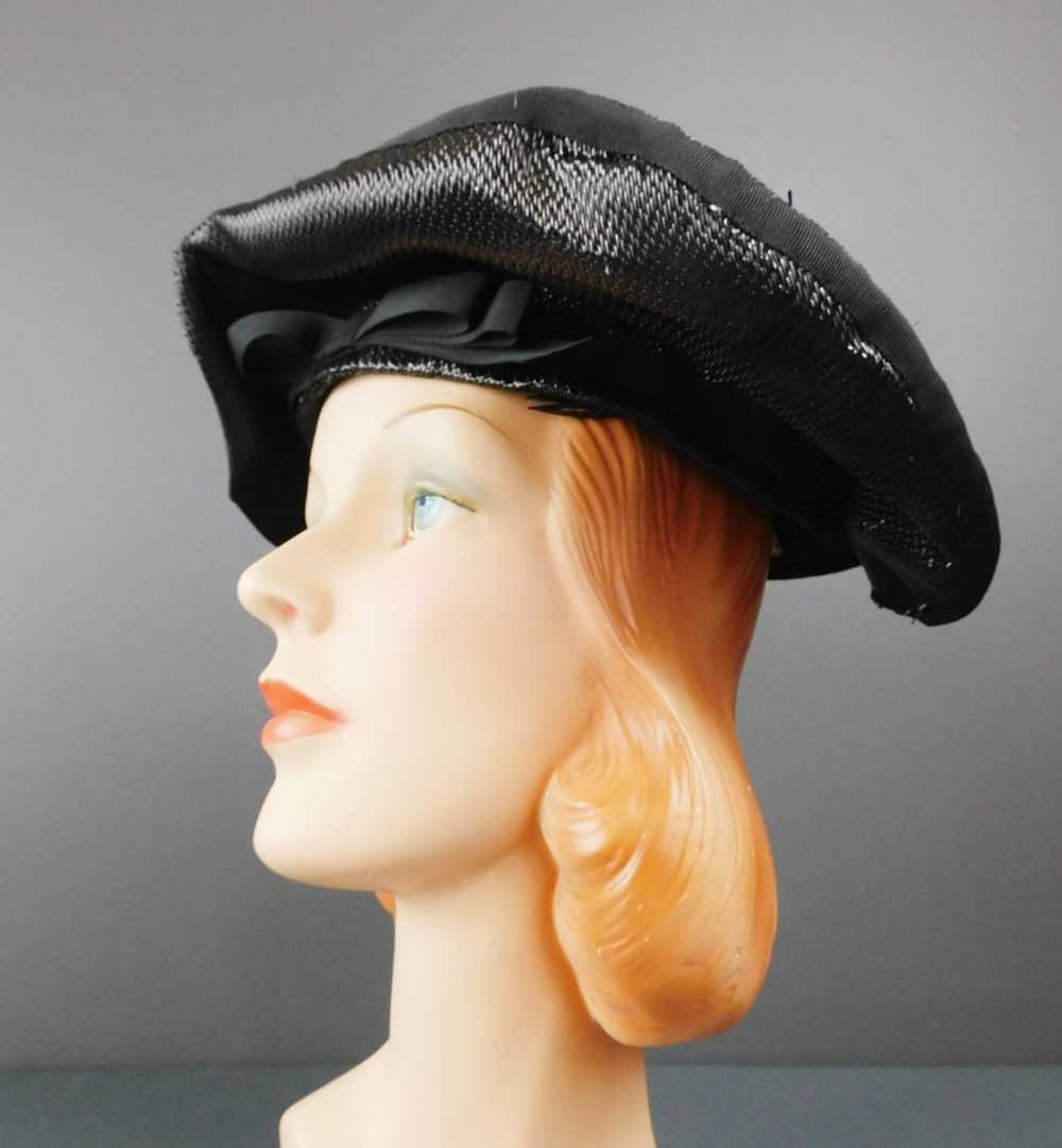 Vintage Black Straw Pancake Hat 1950s, 14 inches … - image 5