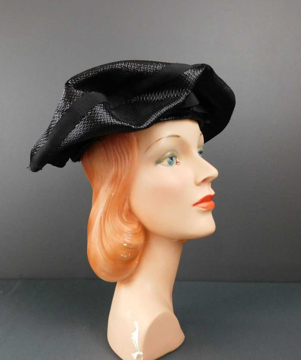 Vintage Black Straw Pancake Hat 1950s, 14 inches … - image 6